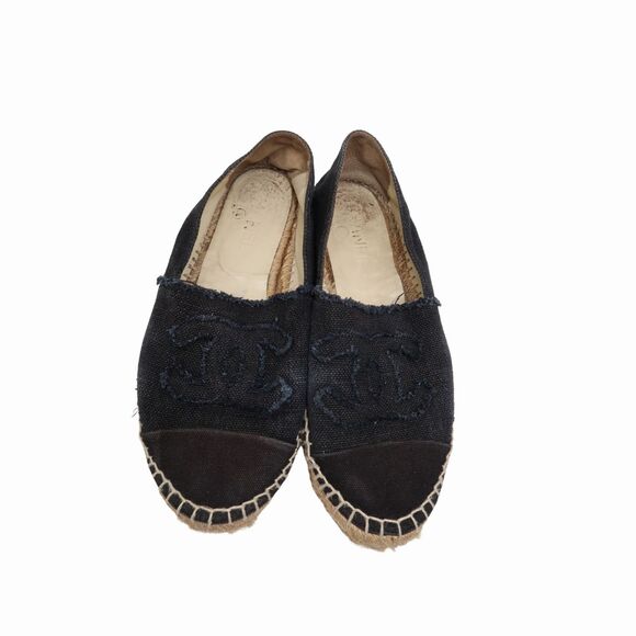 Chanel Fabric Interlocking CC Logo Canvas Espadrilles Flats Black Size 39 - Picture 2 of 7